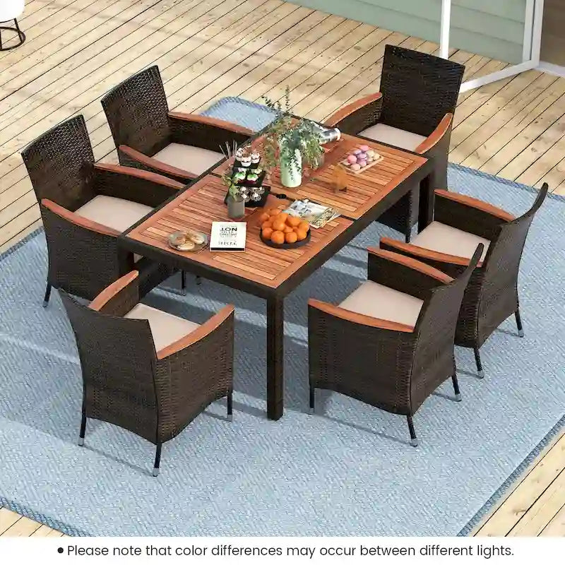 Ensemble de salle à manger d'extérieur Costway 7 pièces en résine tressée avec table en bois d'acacia - Voir les détails
