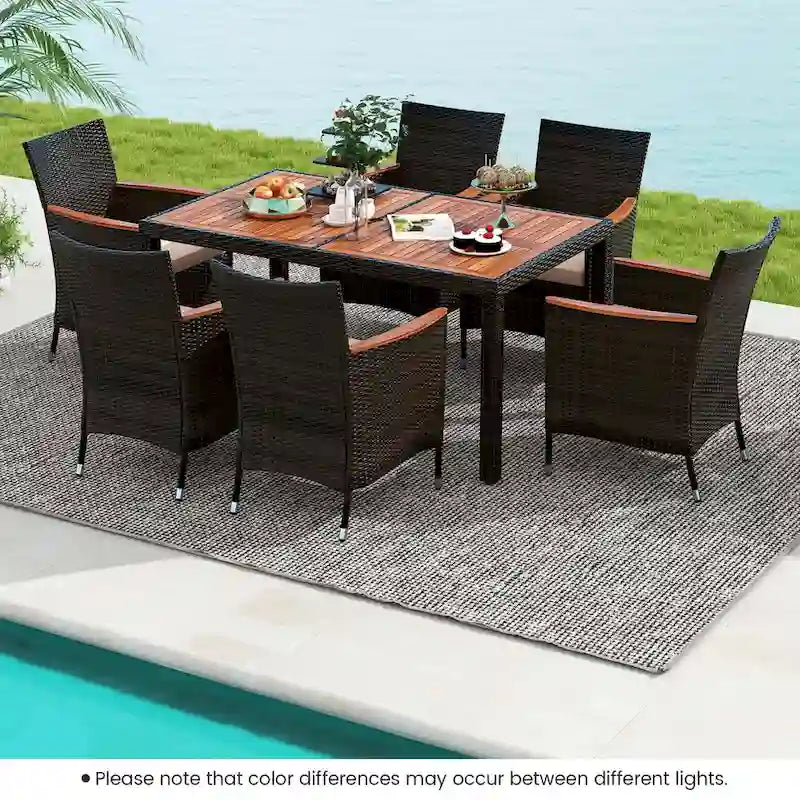 Ensemble de salle à manger d'extérieur Costway 7 pièces en résine tressée avec table en bois d'acacia - Voir les détails