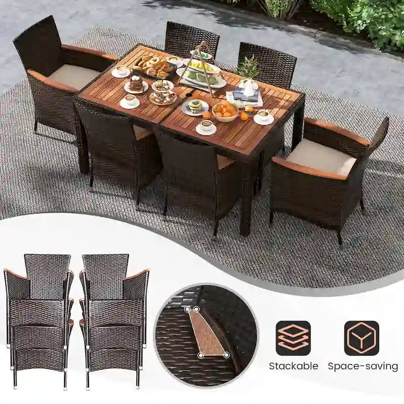 Ensemble de salle à manger d'extérieur Costway 7 pièces en résine tressée avec table en bois d'acacia - Voir les détails