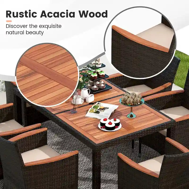 Ensemble de salle à manger d'extérieur Costway 7 pièces en résine tressée avec table en bois d'acacia - Voir les détails