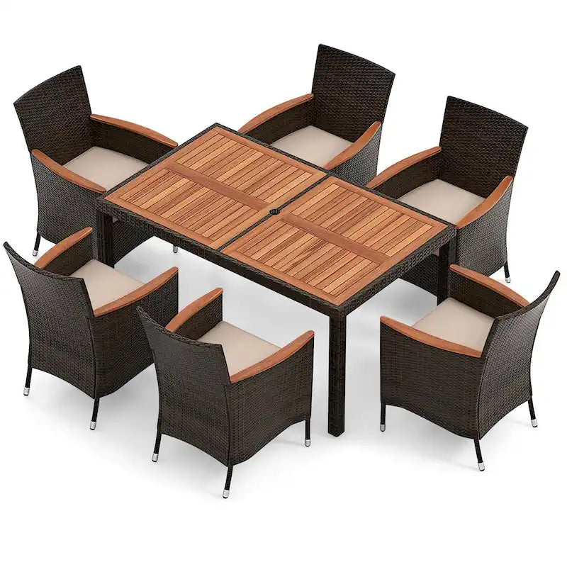 Ensemble de salle à manger d'extérieur Costway 7 pièces en résine tressée avec table en bois d'acacia - Voir les détails