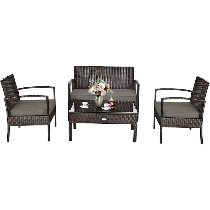 Costway 4PCS Patio Rattan Wicker Furniture Set Loveseat Sofa Cushioned