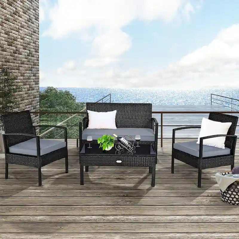 Ensemble de meubles de patio en rotin tressé Costway 4 pièces, canapé deux places avec coussins