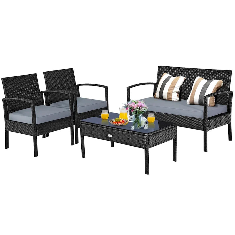 Ensemble de meubles de patio en rotin tressé Costway 4 pièces, canapé deux places avec coussins