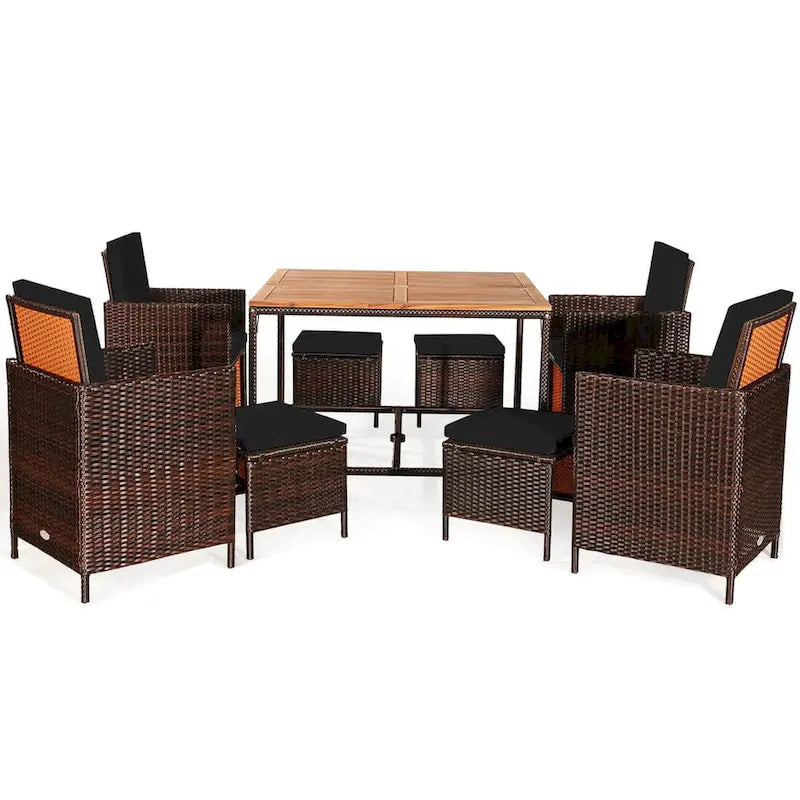 Ensemble de salle à manger d'extérieur Costway 9 pièces en rotin, comprenant chaises rembourrées et pouf en bois - Voir les détails