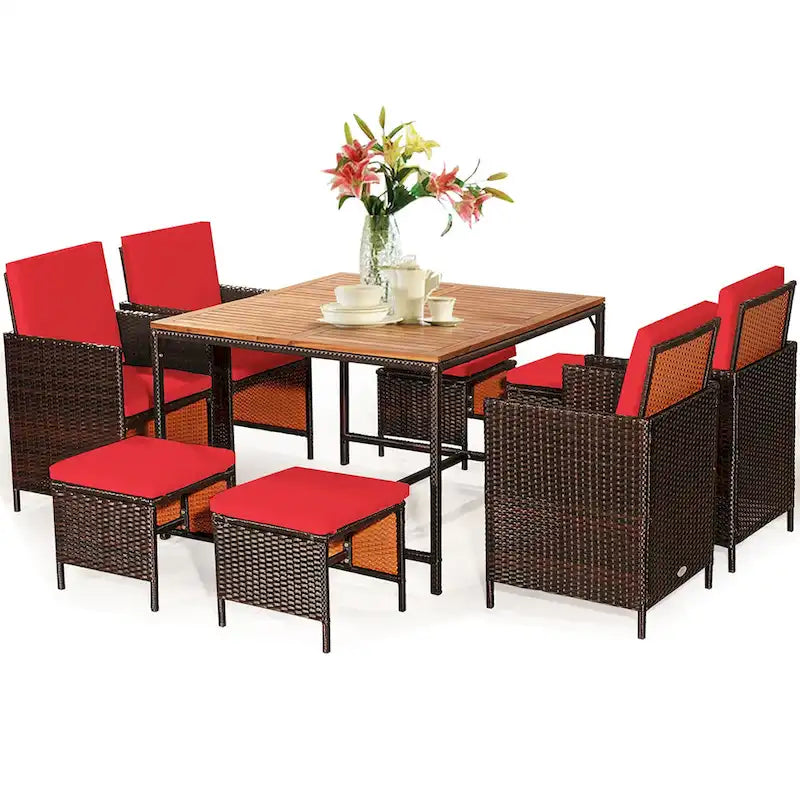 Ensemble de salle à manger d'extérieur Costway 9 pièces en rotin, comprenant chaises rembourrées et pouf en bois - Voir les détails
