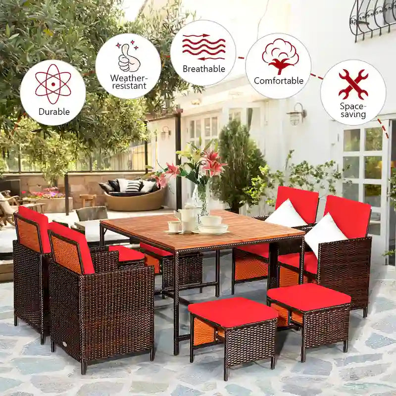 Ensemble de salle à manger d'extérieur Costway 9 pièces en rotin, comprenant chaises rembourrées et pouf en bois - Voir les détails