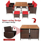 Ensemble de salle à manger d'extérieur Costway 9 pièces en rotin, comprenant chaises rembourrées et pouf en bois - Voir les détails