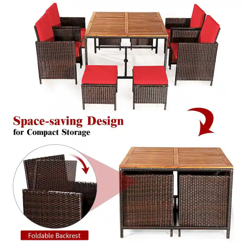 Ensemble de salle à manger d'extérieur Costway 9 pièces en rotin, comprenant chaises rembourrées et pouf en bois - Voir les détails