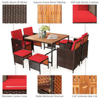 Ensemble de salle à manger d'extérieur Costway 9 pièces en rotin, comprenant chaises rembourrées et pouf en bois - Voir les détails