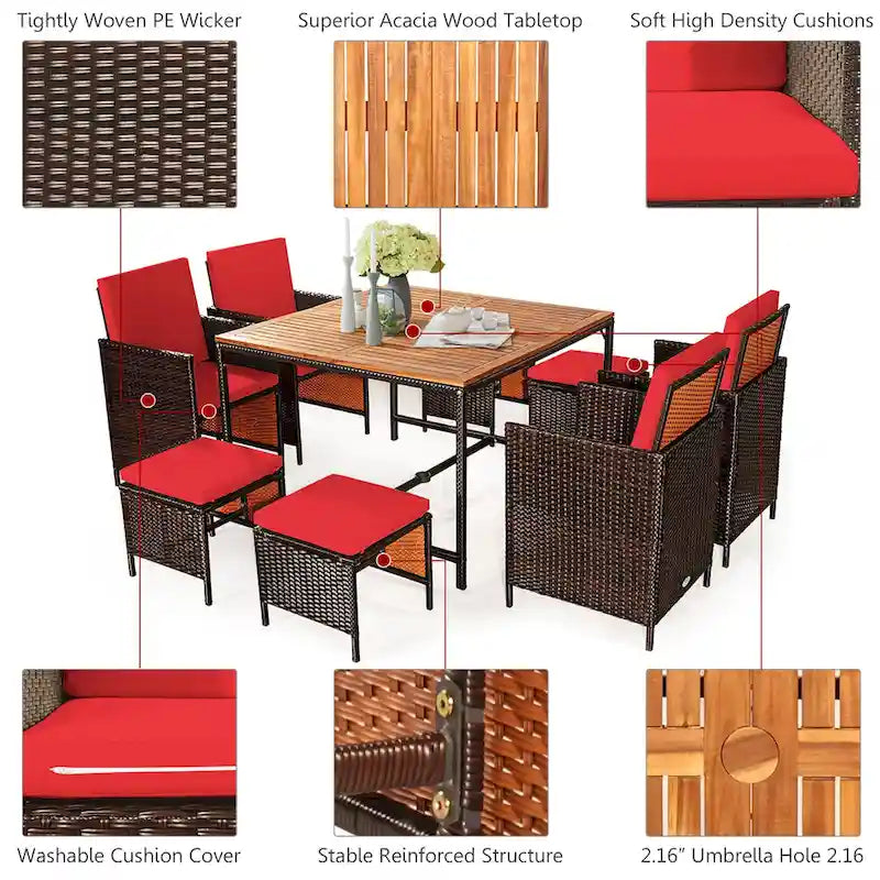 Ensemble de salle à manger d'extérieur Costway 9 pièces en rotin, comprenant chaises rembourrées et pouf en bois - Voir les détails