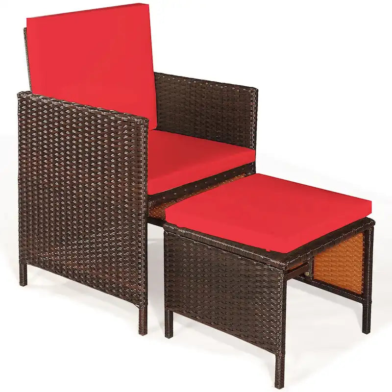 Ensemble de salle à manger d'extérieur Costway 9 pièces en rotin, comprenant chaises rembourrées et pouf en bois - Voir les détails