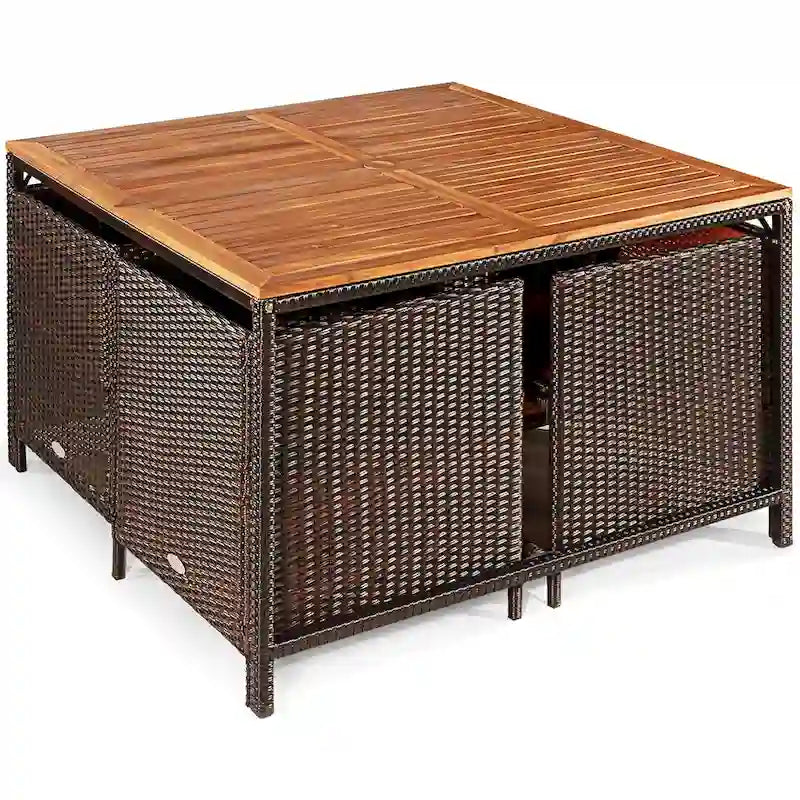 Ensemble de salle à manger d'extérieur Costway 9 pièces en rotin, comprenant chaises rembourrées et pouf en bois - Voir les détails