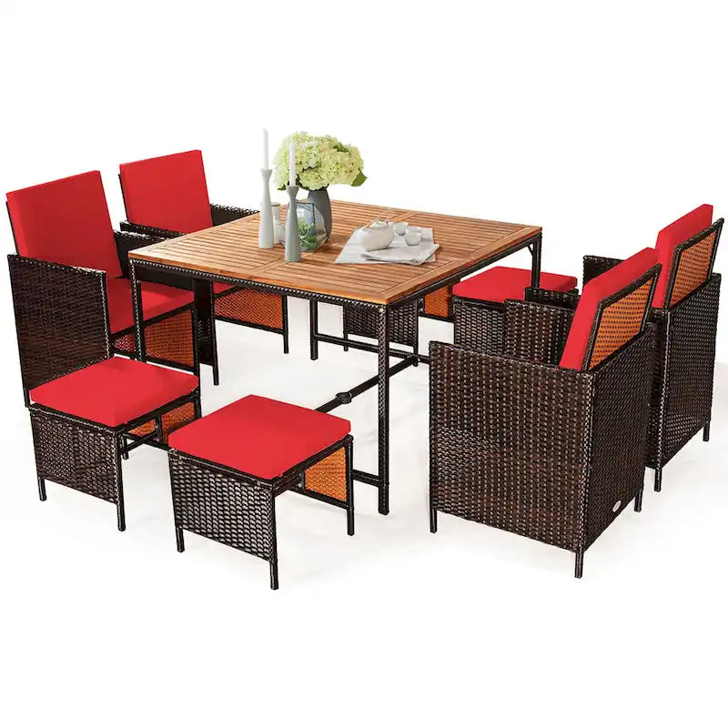 Ensemble de salle à manger d'extérieur Costway 9 pièces en rotin, comprenant chaises rembourrées et pouf en bois - Voir les détails