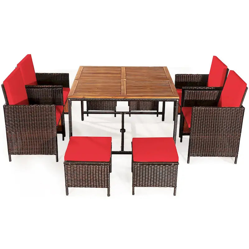 Ensemble de salle à manger d'extérieur Costway 9 pièces en rotin, comprenant chaises rembourrées et pouf en bois - Voir les détails