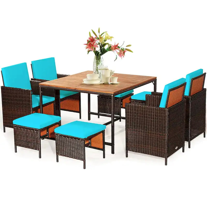 Ensemble de salle à manger d'extérieur Costway 9 pièces en rotin, comprenant chaises rembourrées et pouf en bois - Voir les détails