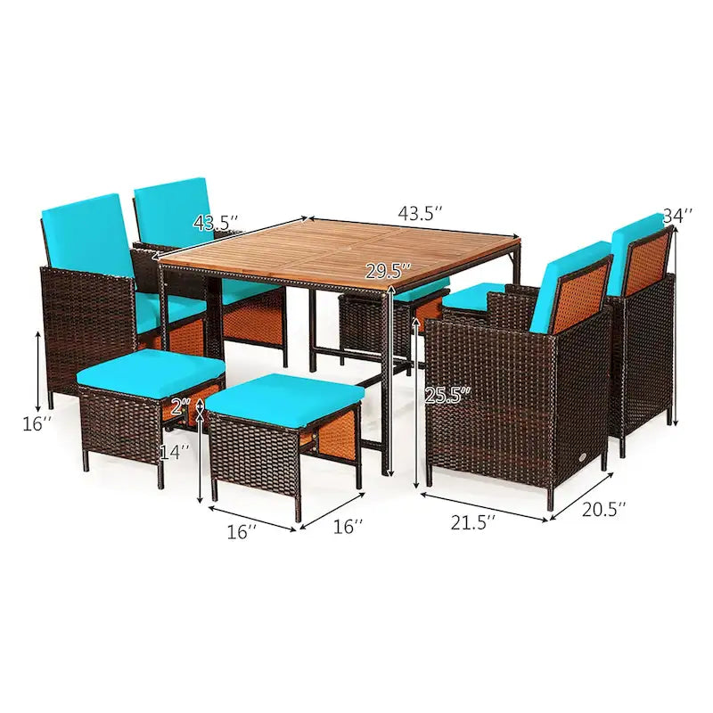 Ensemble de salle à manger d'extérieur Costway 9 pièces en rotin, comprenant chaises rembourrées et pouf en bois - Voir les détails