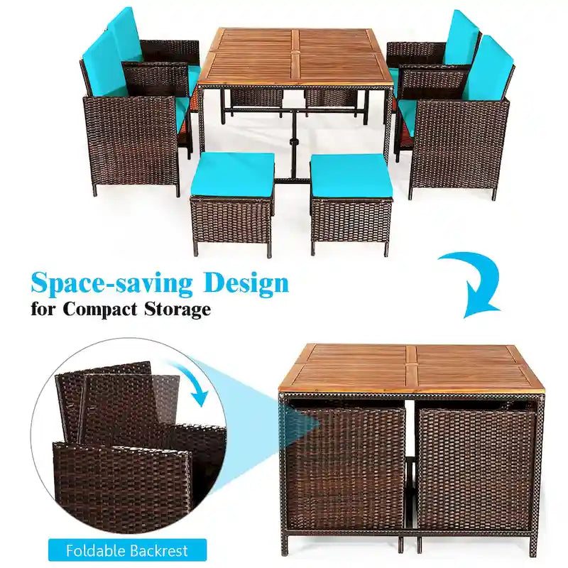 Ensemble de salle à manger d'extérieur Costway 9 pièces en rotin, comprenant chaises rembourrées et pouf en bois - Voir les détails