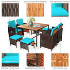 Ensemble de salle à manger d'extérieur Costway 9 pièces en rotin, comprenant chaises rembourrées et pouf en bois - Voir les détails