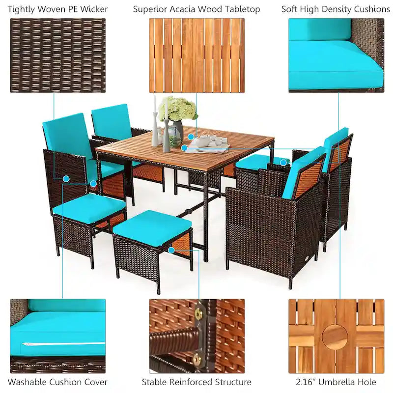 Ensemble de salle à manger d'extérieur Costway 9 pièces en rotin, comprenant chaises rembourrées et pouf en bois - Voir les détails