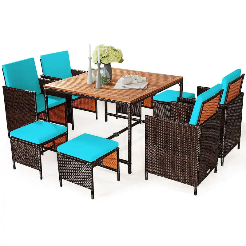 Ensemble de salle à manger d'extérieur Costway 9 pièces en rotin, comprenant chaises rembourrées et pouf en bois - Voir les détails