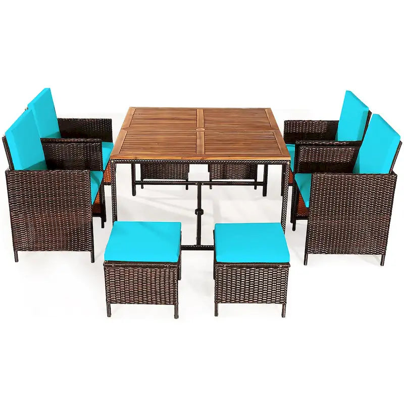 Ensemble de salle à manger d'extérieur Costway 9 pièces en rotin, comprenant chaises rembourrées et pouf en bois - Voir les détails