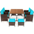 Ensemble de salle à manger d'extérieur Costway 9 pièces en rotin, comprenant chaises rembourrées et pouf en bois - Voir les détails