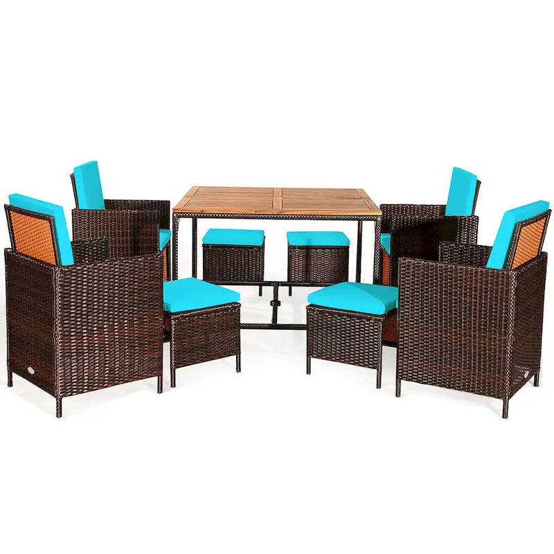 Ensemble de salle à manger d'extérieur Costway 9 pièces en rotin, comprenant chaises rembourrées et pouf en bois - Voir les détails