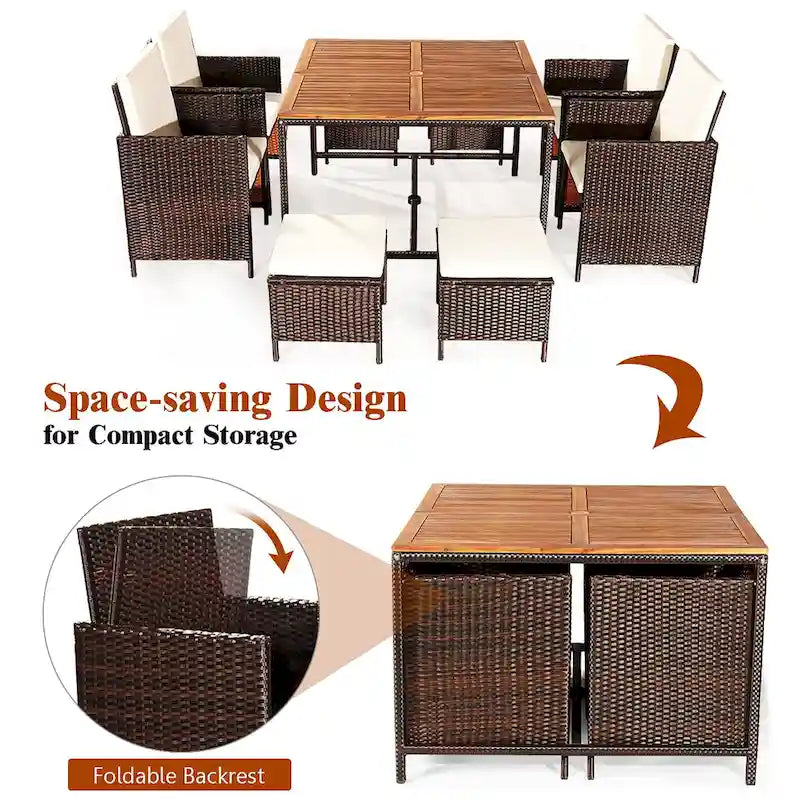 Ensemble de salle à manger d'extérieur Costway 9 pièces en rotin, comprenant chaises rembourrées et pouf en bois - Voir les détails