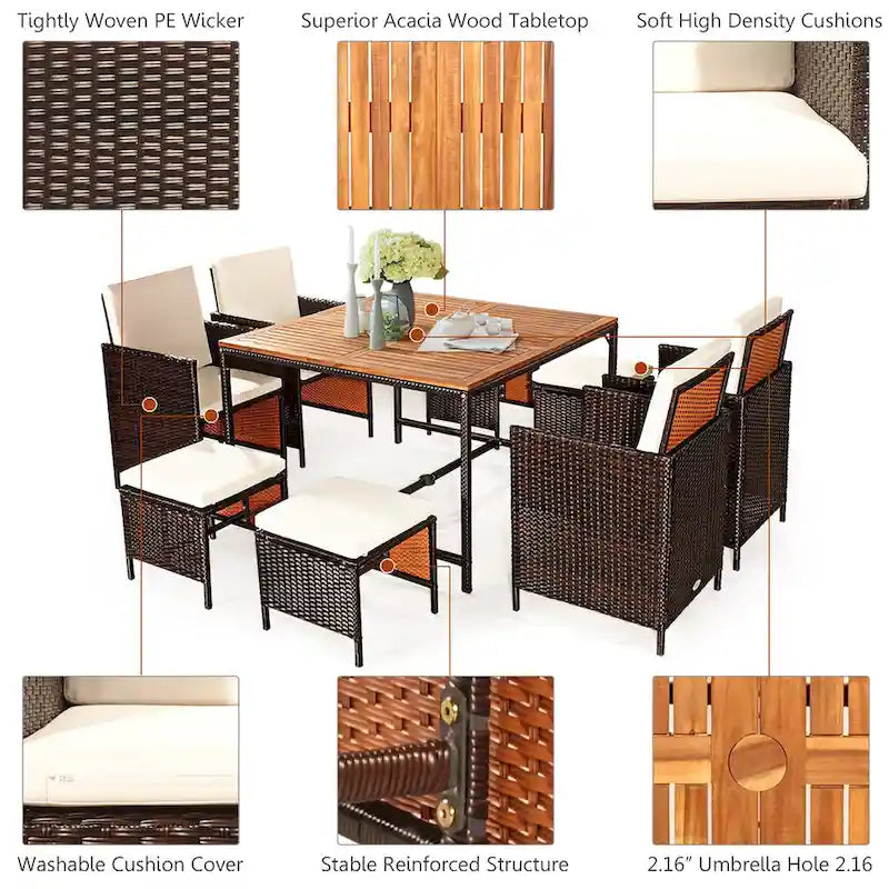 Ensemble de salle à manger d'extérieur Costway 9 pièces en rotin, comprenant chaises rembourrées et pouf en bois - Voir les détails
