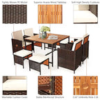 Ensemble de salle à manger d'extérieur Costway 9 pièces en rotin, comprenant chaises rembourrées et pouf en bois - Voir les détails