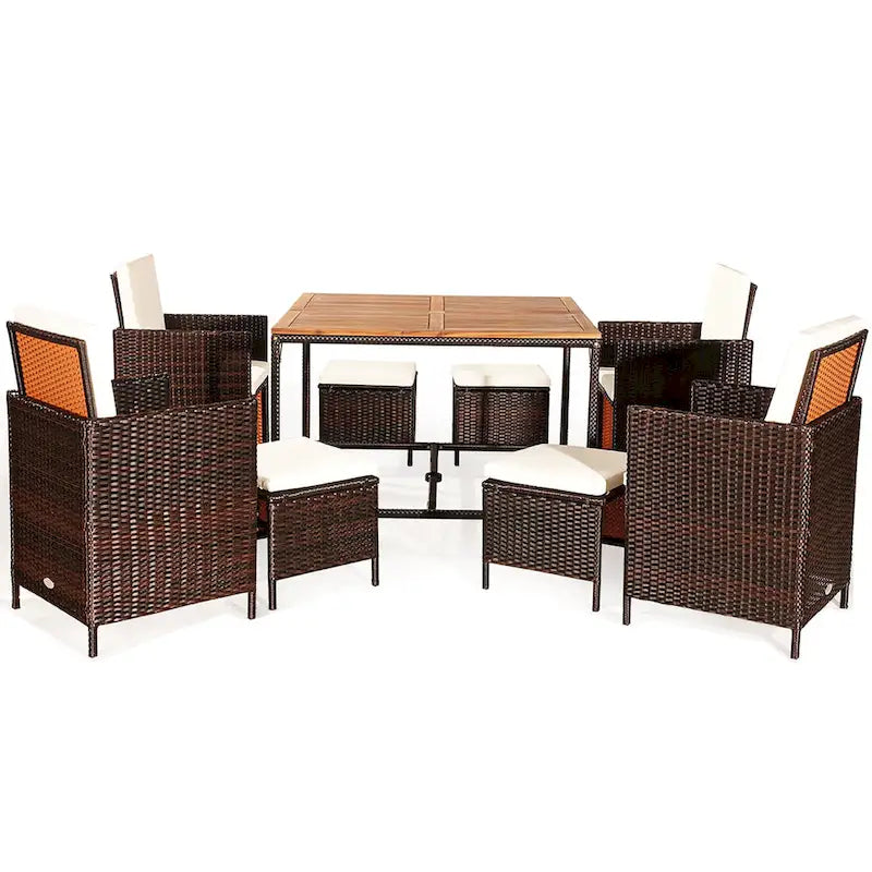 Ensemble de salle à manger d'extérieur Costway 9 pièces en rotin, comprenant chaises rembourrées et pouf en bois - Voir les détails