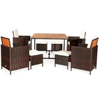 Ensemble de salle à manger d'extérieur Costway 9 pièces en rotin, comprenant chaises rembourrées et pouf en bois - Voir les détails