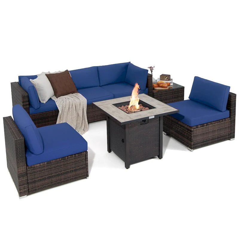 Ensemble de mobilier de jardin en rotin Costway 7 pièces avec housse pour table de foyer extérieur 30 pouces - Voir les détails