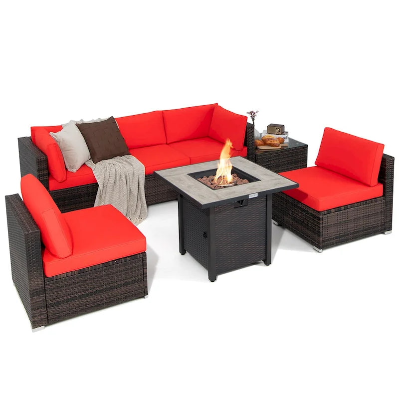 Ensemble de mobilier de jardin en rotin Costway 7 pièces avec housse pour table de foyer extérieur 30 pouces - Voir les détails