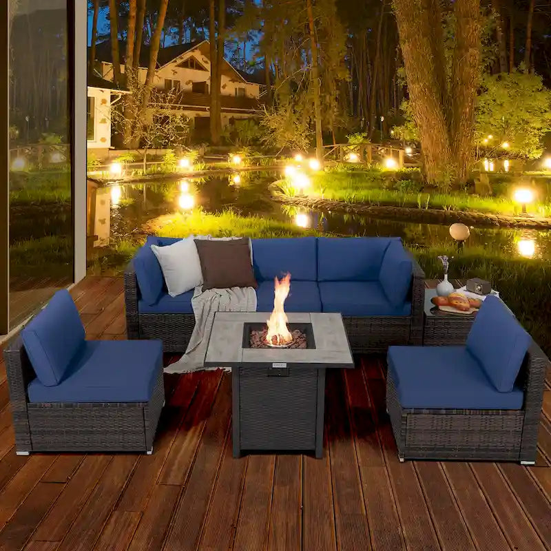 Ensemble de mobilier de jardin en rotin Costway 7 pièces avec housse pour table de foyer extérieur 30 pouces - Voir les détails