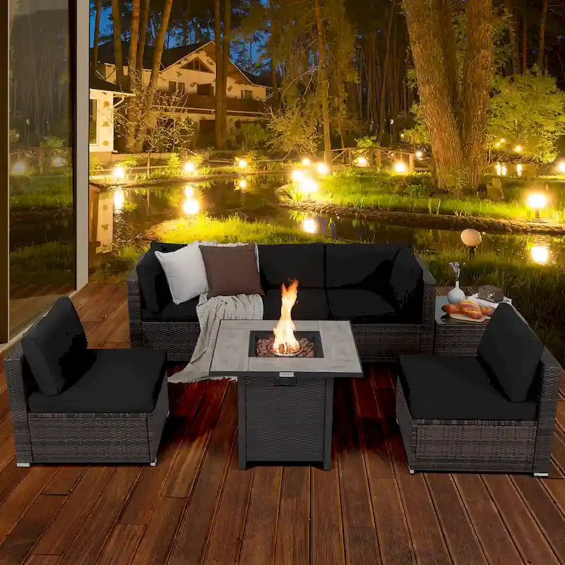 Ensemble de mobilier de jardin en rotin Costway 7 pièces avec housse pour table de foyer extérieur 30 pouces - Voir les détails