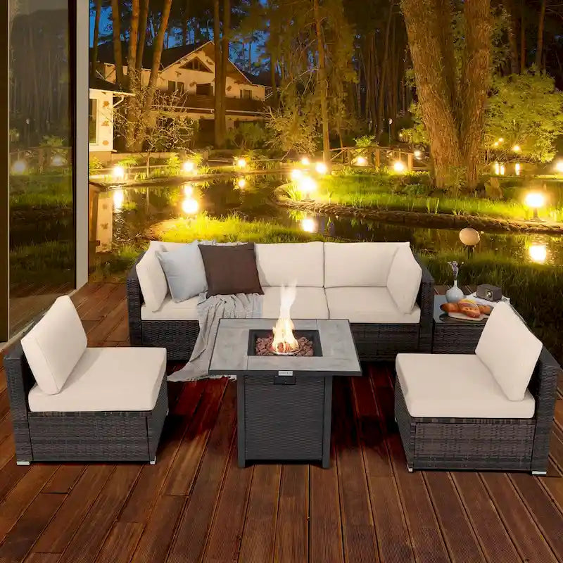 Ensemble de mobilier de jardin en rotin Costway 7 pièces avec housse pour table de foyer extérieur 30 pouces - Voir les détails