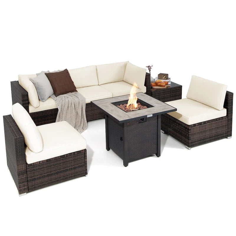 Ensemble de mobilier de jardin en rotin Costway 7 pièces avec housse pour table de foyer extérieur 30 pouces - Voir les détails