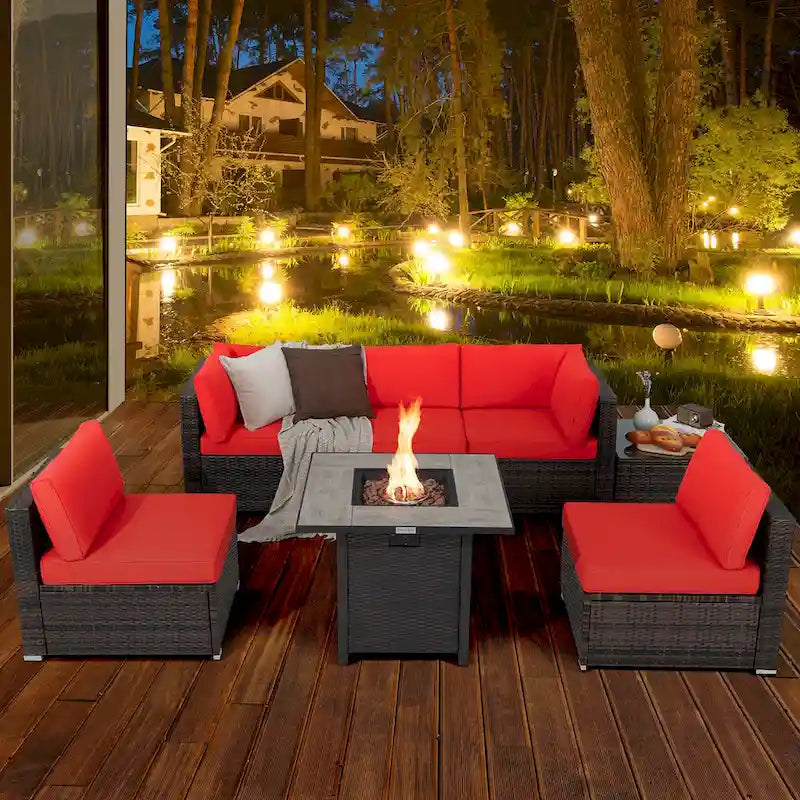 Ensemble de mobilier de jardin en rotin Costway 7 pièces avec housse pour table de foyer extérieur 30 pouces - Voir les détails