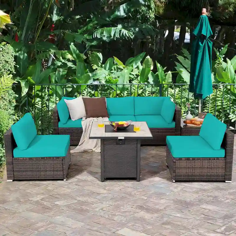 Ensemble de mobilier de jardin en rotin Costway 7 pièces avec housse pour table de foyer extérieur 30 pouces - Voir les détails