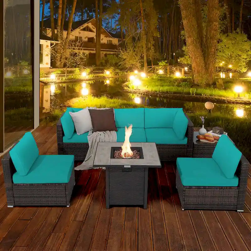 Ensemble de mobilier de jardin en rotin Costway 7 pièces avec housse pour table de foyer extérieur 30 pouces - Voir les détails