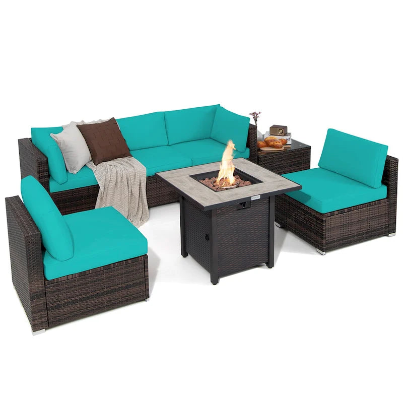 Ensemble de mobilier de jardin en rotin Costway 7 pièces avec housse pour table de foyer extérieur 30 pouces - Voir les détails