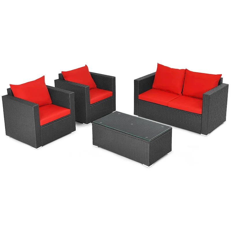 Ensemble de mobilier de jardin en rotin Costway 4 pièces, canapé et fauteuil rembourrés couleur café - Voir la description
