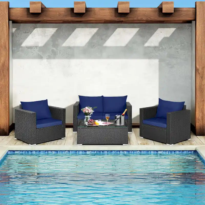 Ensemble de mobilier de jardin en rotin Costway 4 pièces, canapé et fauteuil rembourrés couleur café - Voir la description