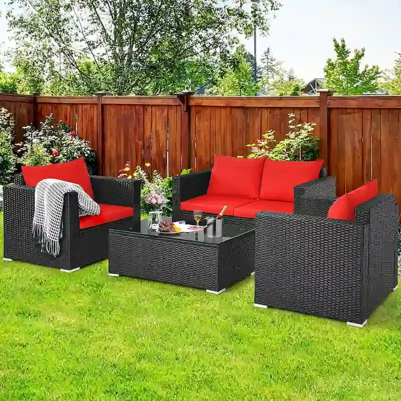 Ensemble de mobilier de jardin en rotin Costway 4 pièces, canapé et fauteuil rembourrés couleur café - Voir la description