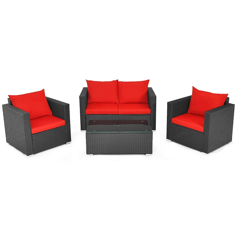 Ensemble de mobilier de jardin en rotin Costway 4 pièces, canapé et fauteuil rembourrés couleur café - Voir la description