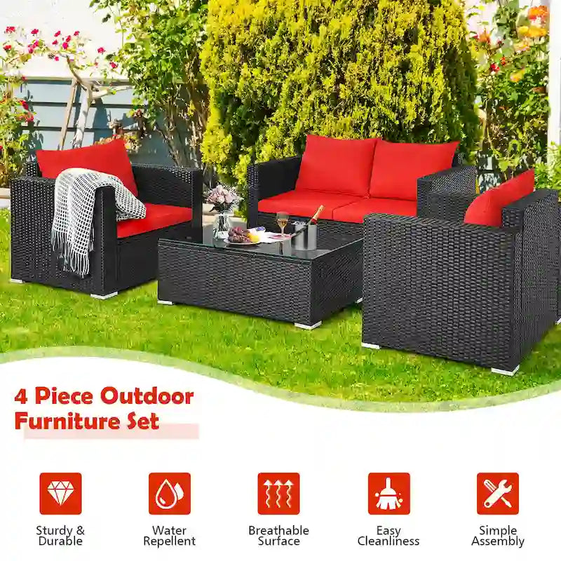 Ensemble de mobilier de jardin en rotin Costway 4 pièces, canapé et fauteuil rembourrés couleur café - Voir la description