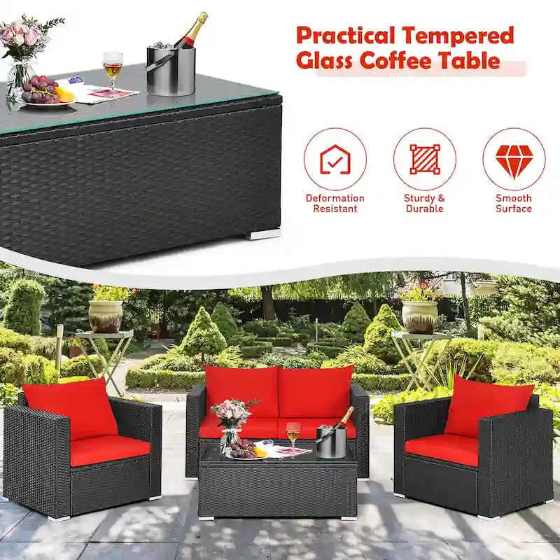 Ensemble de mobilier de jardin en rotin Costway 4 pièces, canapé et fauteuil rembourrés couleur café - Voir la description