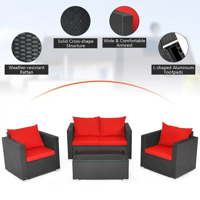 Ensemble de mobilier de jardin en rotin Costway 4 pièces, canapé et fauteuil rembourrés couleur café - Voir la description